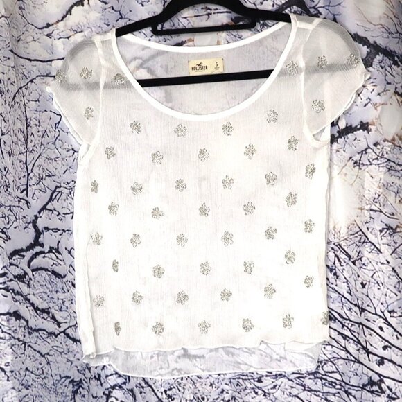 SHEER WHITE TOP S Hollister Beaded Flowers Y2K Chiffon Lettuce Edge Spring Retro - Picture 2 of 6
